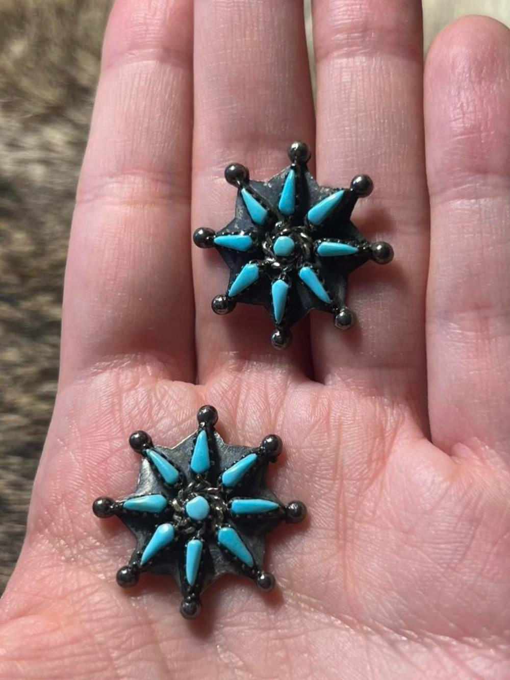 Sterling silver Benson/Ben Yazzie Navajo petit point turquoise star earrings